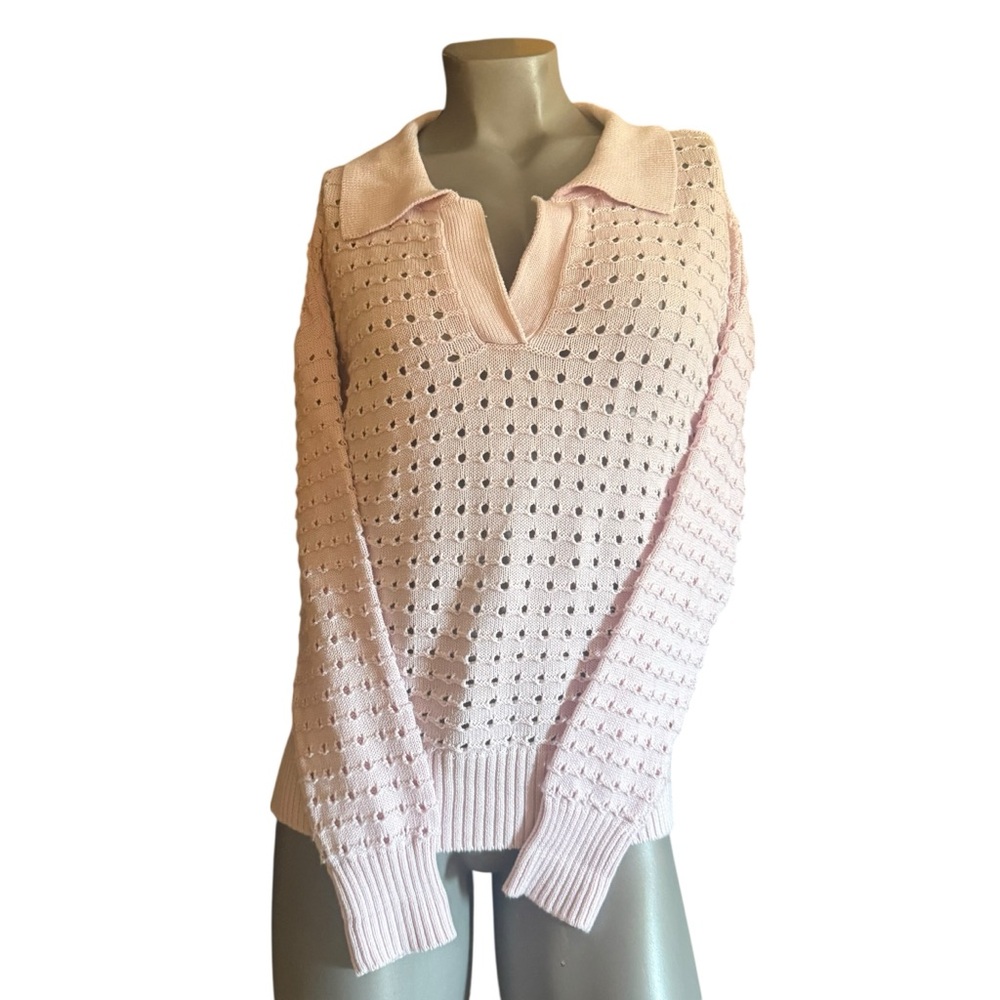 JOIE Pink Pointelle Knit Polo Sweater Pastel Balletcore Size M